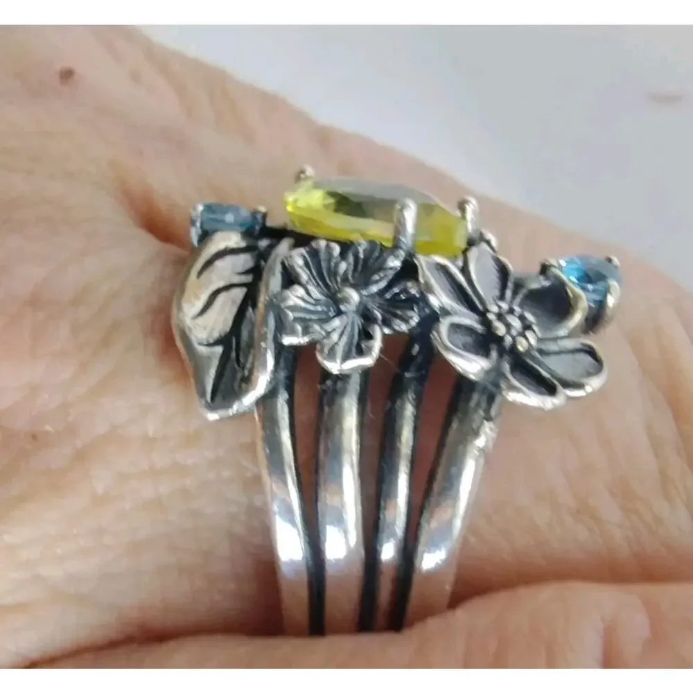 OR PAZ STERLING 925 FLORAL LEMON QUARTZ & BLUE TOPAZ GEMSTONE RING Sz 9.25